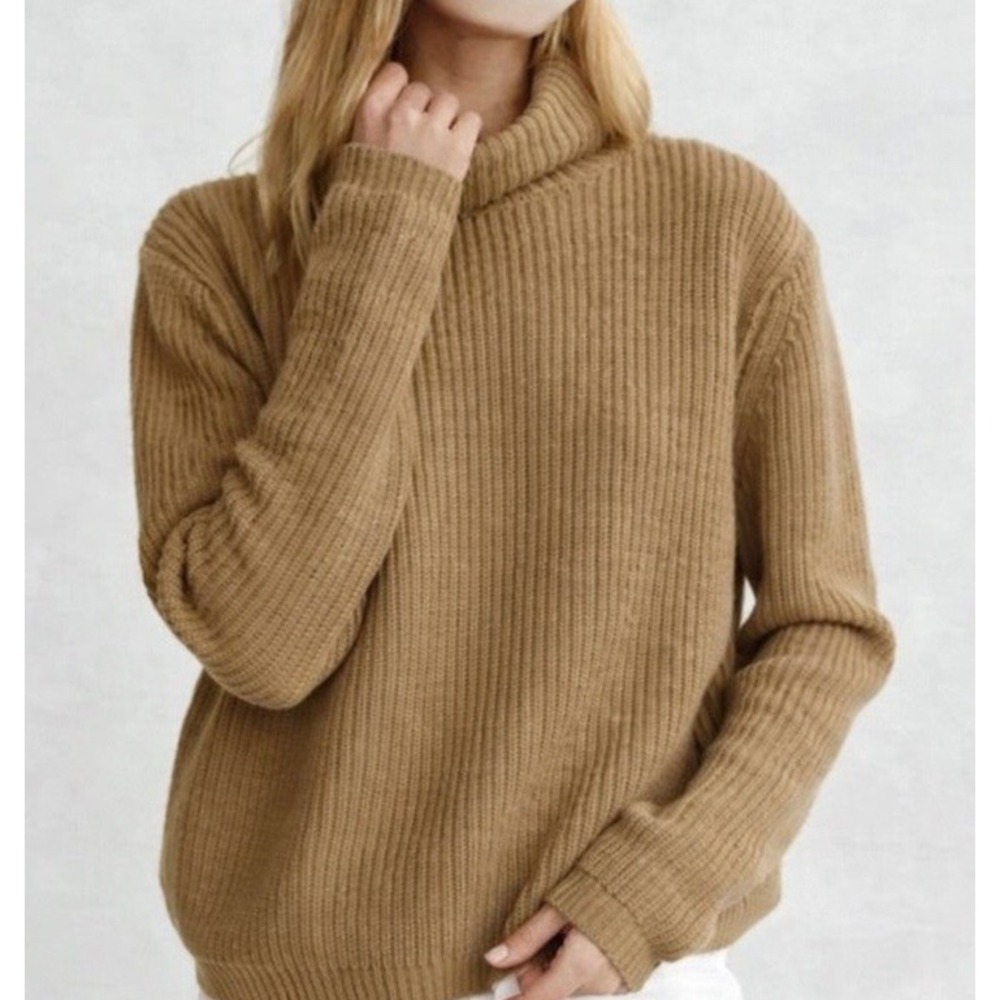 Jenni Kayne Cropped Wool‎ Cashmere Turtleneck Sweater In Camel Brown Size XL